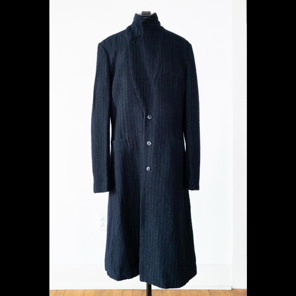Comme des Garcons Navy Pinstripe Wool Trench Coat Sz. L